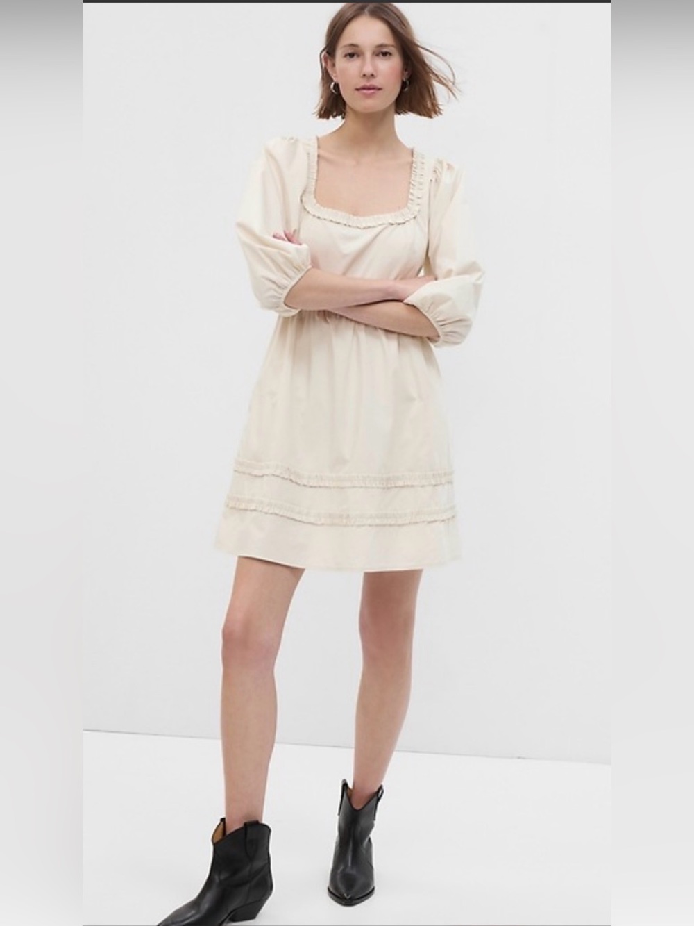 Gap Puff Sleeve Ruffle Neck Dress | Size 10 Tall cream